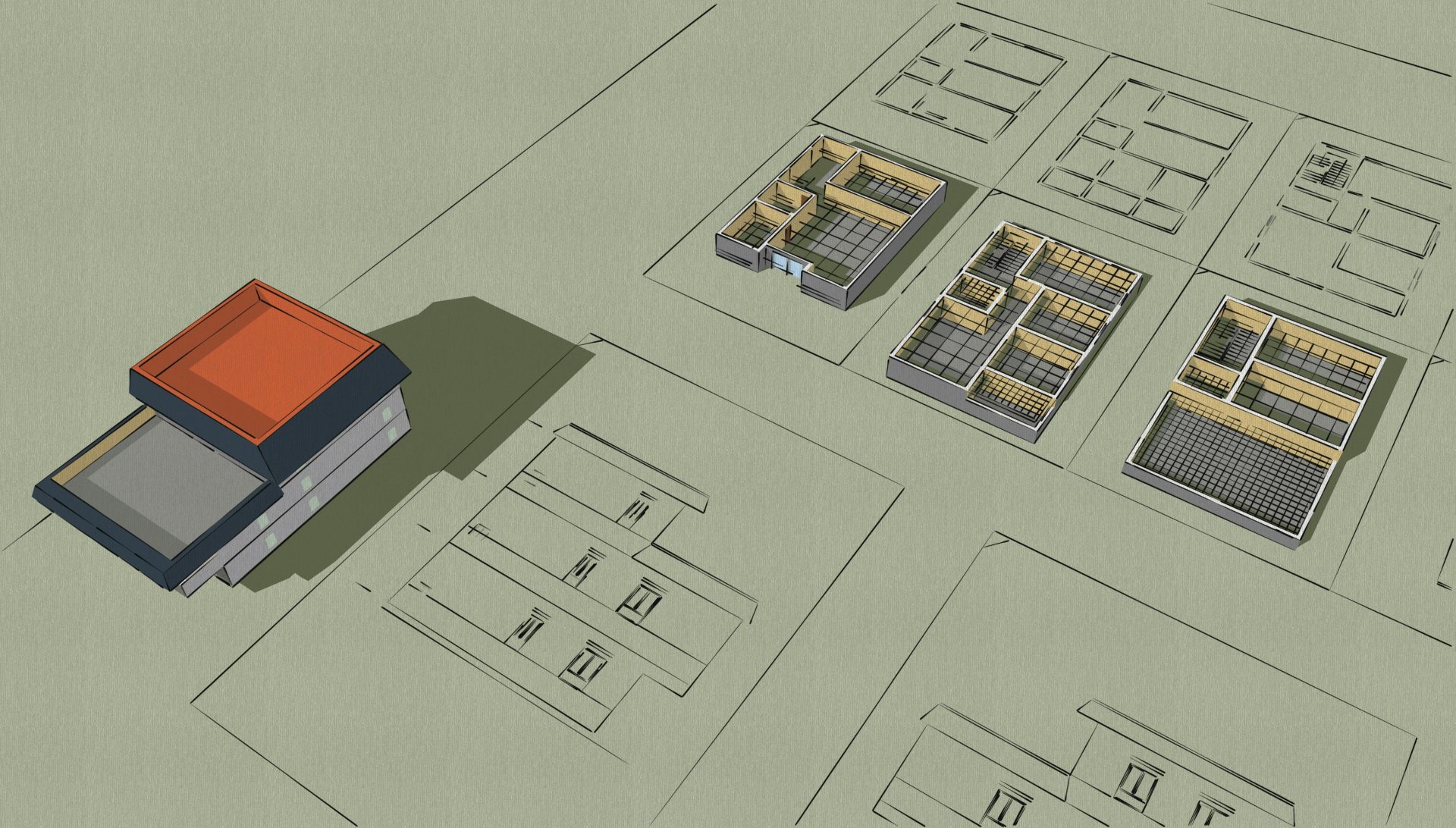 Un dibujo de un edificio con techo rojo.